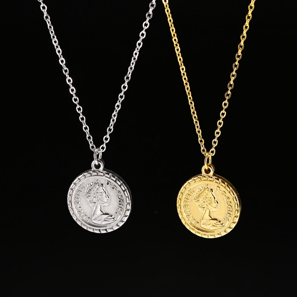 WT-REN014 Women Fashion Gold Plated Metal Round Coin Necklace Charming Elegant Full Gold Elizabeth Necklace