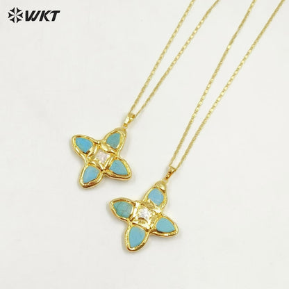 WT-JN314 Amazing Super Hot Christian Religious Natural Turquoise Stone Assemble With Pearl Cross Pendants Necklace in 18K Gold