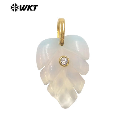WT-P2141 Wonderful Zircon And Multi Colors Natural Gemstones Hand Carved Leaf Shape Gold Pendants For Lady Earrings DIY