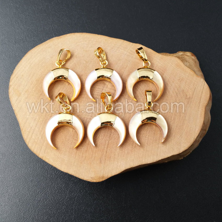 WT-P961 Exclusive Natural Yellow Shell Pendant With 24k Real Gold Plated Hoop Shell Pendant,Bohomia Crescent Shell Pendant