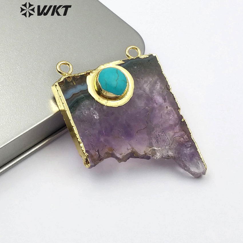 WT-P281 Fine Jewelry Natural Slice Amethyst Charm Pendants, Gold Electroplated Stone Pendants with Double Loops Turquoise
