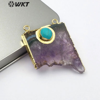 WT-P281 Fine Jewelry Natural Slice Amethyst Charm Pendants, Gold Electroplated Stone Pendants with Double Loops Turquoise