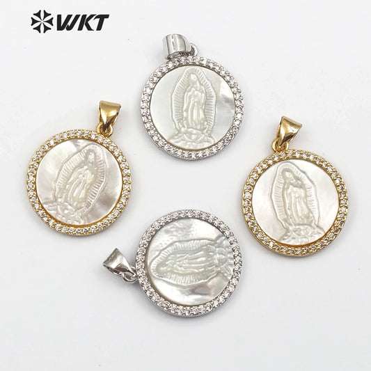 WT-MP112 Virgin Lady of Guadalupe Vogue Pendant Natural White Shell With Dainty Crave Round Shape Cubic Zircon Pave Pendant
