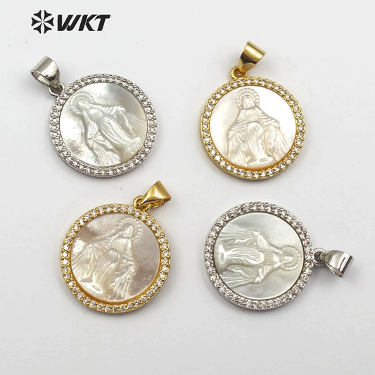 WT-MP113 Religious Blessed Virgin Mary Shell Medal Round Shape Charm Pendant Cubic Zircon Shell Guadalupe Pendant