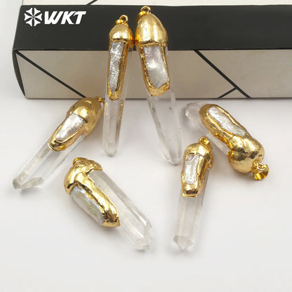 WT-P1429 Women Healing Crystal Jewelry Vogue Design Natural Crystal Quartz in Random Shape With Pearl Charm Gold Capped Pendant