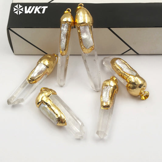 WT-P1429 Women Healing Crystal Jewelry Vogue Design Natural Crystal Quartz in Random Shape With Pearl Charm Gold Capped Pendant