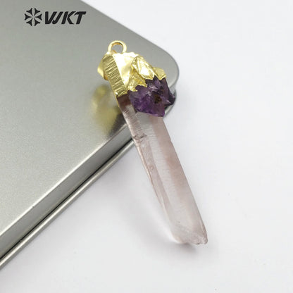 WT-P1436 Necklace Bohemia Gift for Female With Golden Healing Raw Crystal Quartz With Amethysts Charm Crystal Pendant