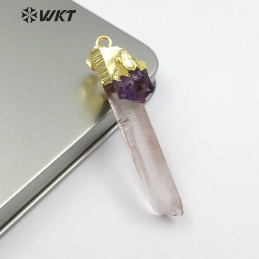 WT-P1436 Necklace Bohemia Gift for Female With Golden Healing Raw Crystal Quartz With Amethysts Charm Crystal Pendant