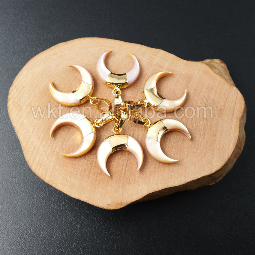 WT-P961 Exclusive Natural Yellow Shell Pendant With 24k Real Gold Plated Hoop Shell Pendant,Bohomia Crescent Shell Pendant