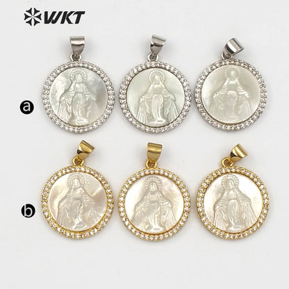 WT-MP113 Religious Blessed Virgin Mary Shell Medal Round Shape Charm Pendant Cubic Zircon Shell Guadalupe Pendant