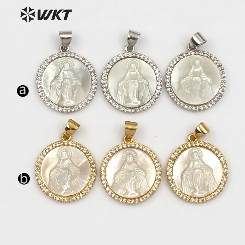 WT-MP113 Religious Blessed Virgin Mary Shell Medal Round Shape Charm Pendant Cubic Zircon Shell Guadalupe Pendant
