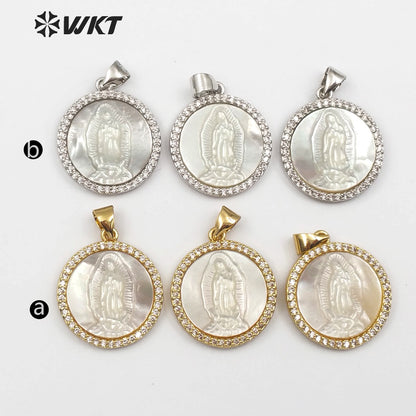 WT-MP112 Virgin Lady of Guadalupe Vogue Pendant Natural White Shell With Dainty Crave Round Shape Cubic Zircon Pave Pendant