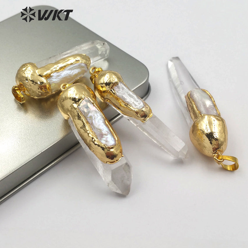 WT-P1429 Women Healing Crystal Jewelry Vogue Design Natural Crystal Quartz in Random Shape With Pearl Charm Gold Capped Pendant