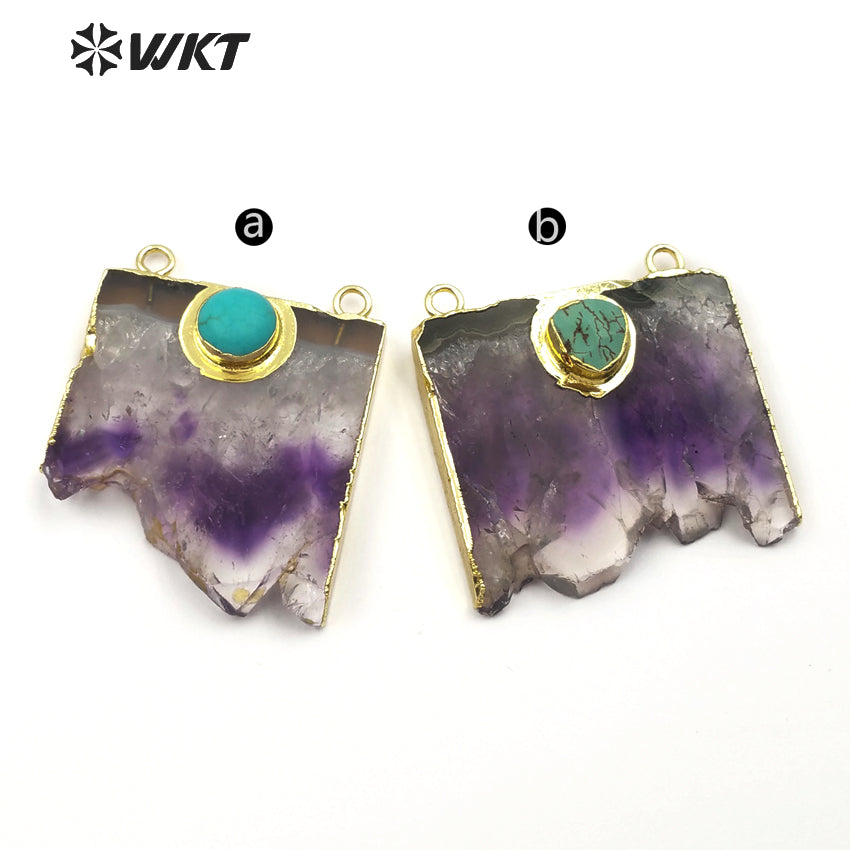 WT-P281 Fine Jewelry Natural Slice Amethyst Charm Pendants, Gold Electroplated Stone Pendants with Double Loops Turquoise