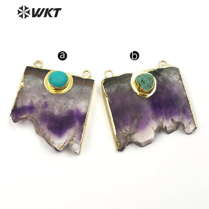 WT-P281 Fine Jewelry Natural Slice Amethyst Charm Pendants, Gold Electroplated Stone Pendants with Double Loops Turquoise