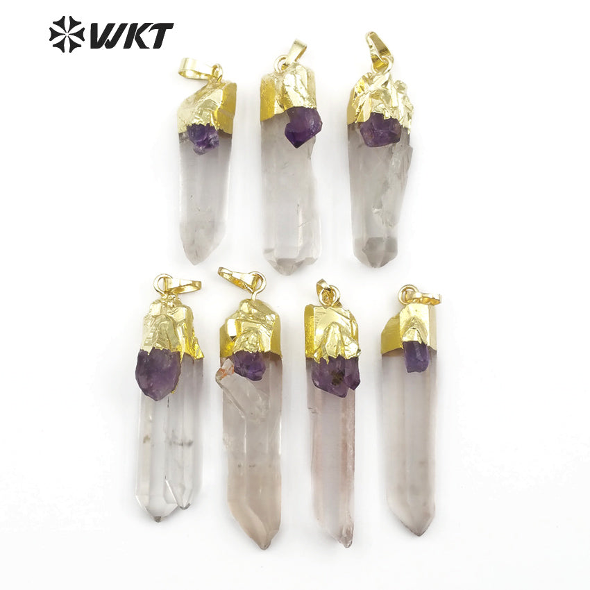 WT-P1436 Necklace Bohemia Gift for Female With Golden Healing Raw Crystal Quartz With Amethysts Charm Crystal Pendant