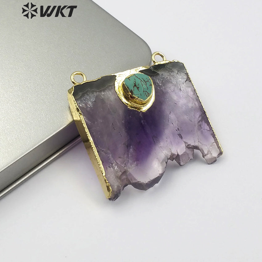 WT-P281 Fine Jewelry Natural Slice Amethyst Charm Pendants, Gold Electroplated Stone Pendants with Double Loops Turquoise