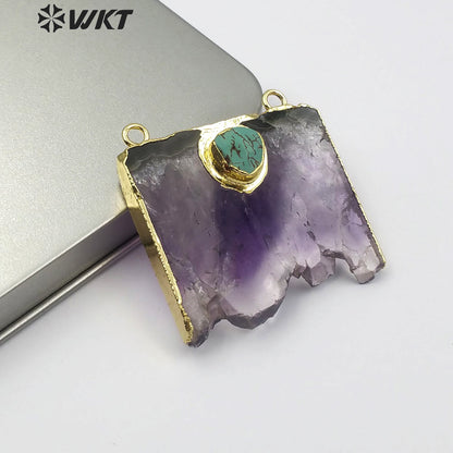 WT-P281 Fine Jewelry Natural Slice Amethyst Charm Pendants, Gold Electroplated Stone Pendants with Double Loops Turquoise