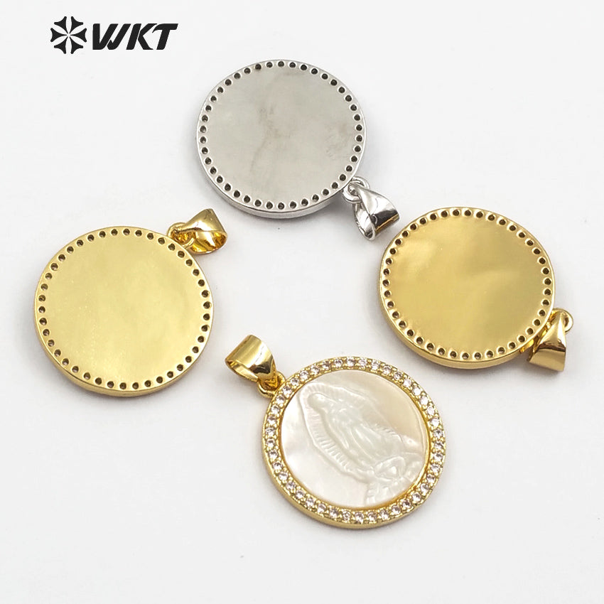 WT-MP112 Virgin Lady of Guadalupe Vogue Pendant Natural White Shell With Dainty Crave Round Shape Cubic Zircon Pave Pendant