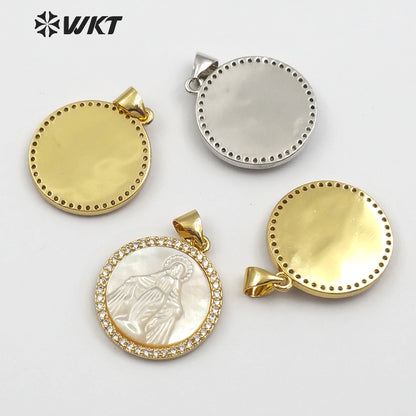 WT-MP113 Religious Blessed Virgin Mary Shell Medal Round Shape Charm Pendant Cubic Zircon Shell Guadalupe Pendant