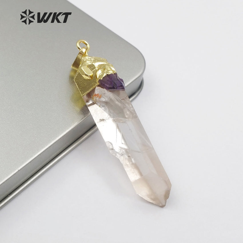 WT-P1436 Necklace Bohemia Gift for Female With Golden Healing Raw Crystal Quartz With Amethysts Charm Crystal Pendant