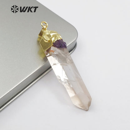 WT-P1436 Necklace Bohemia Gift for Female With Golden Healing Raw Crystal Quartz With Amethysts Charm Crystal Pendant