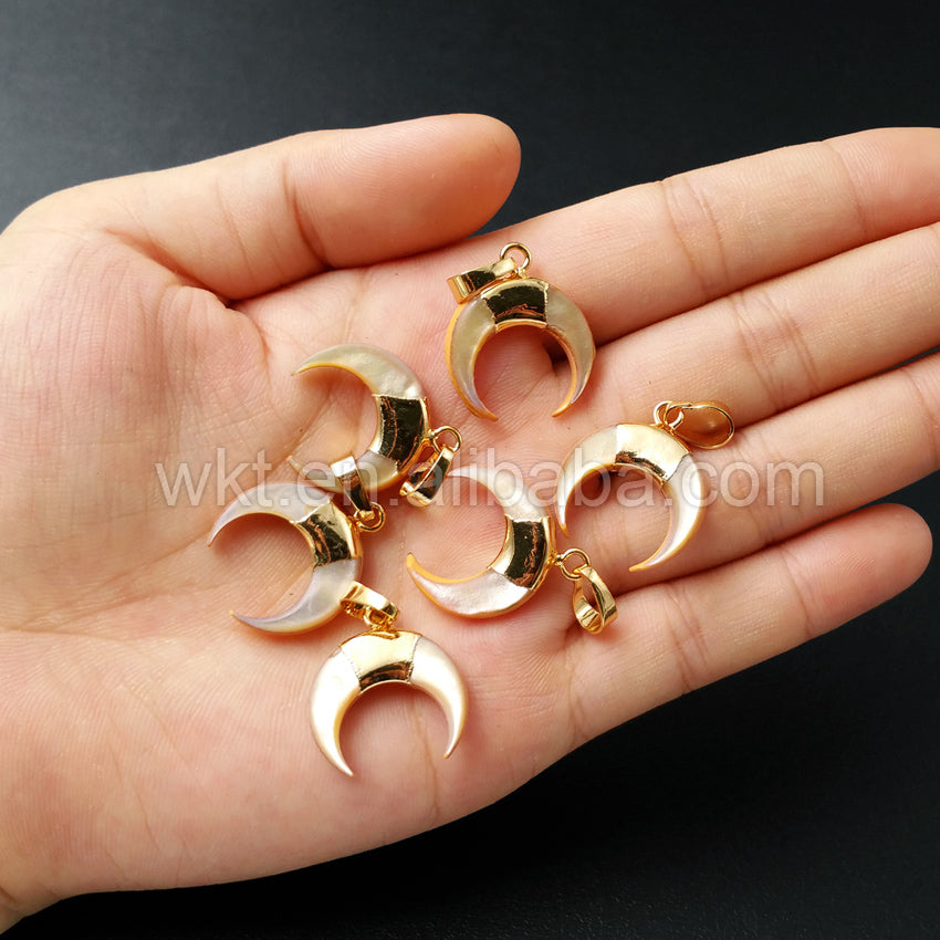 WT-P961 Exclusive Natural Yellow Shell Pendant With 24k Real Gold Plated Hoop Shell Pendant,Bohomia Crescent Shell Pendant