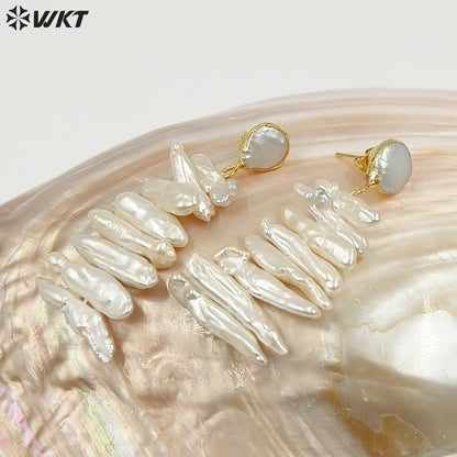WT-E498 Irregular Shape Pearl Earring Stud With Long Bar Pearl Random Size Jewelry Natural Freshwater Pearl Earring