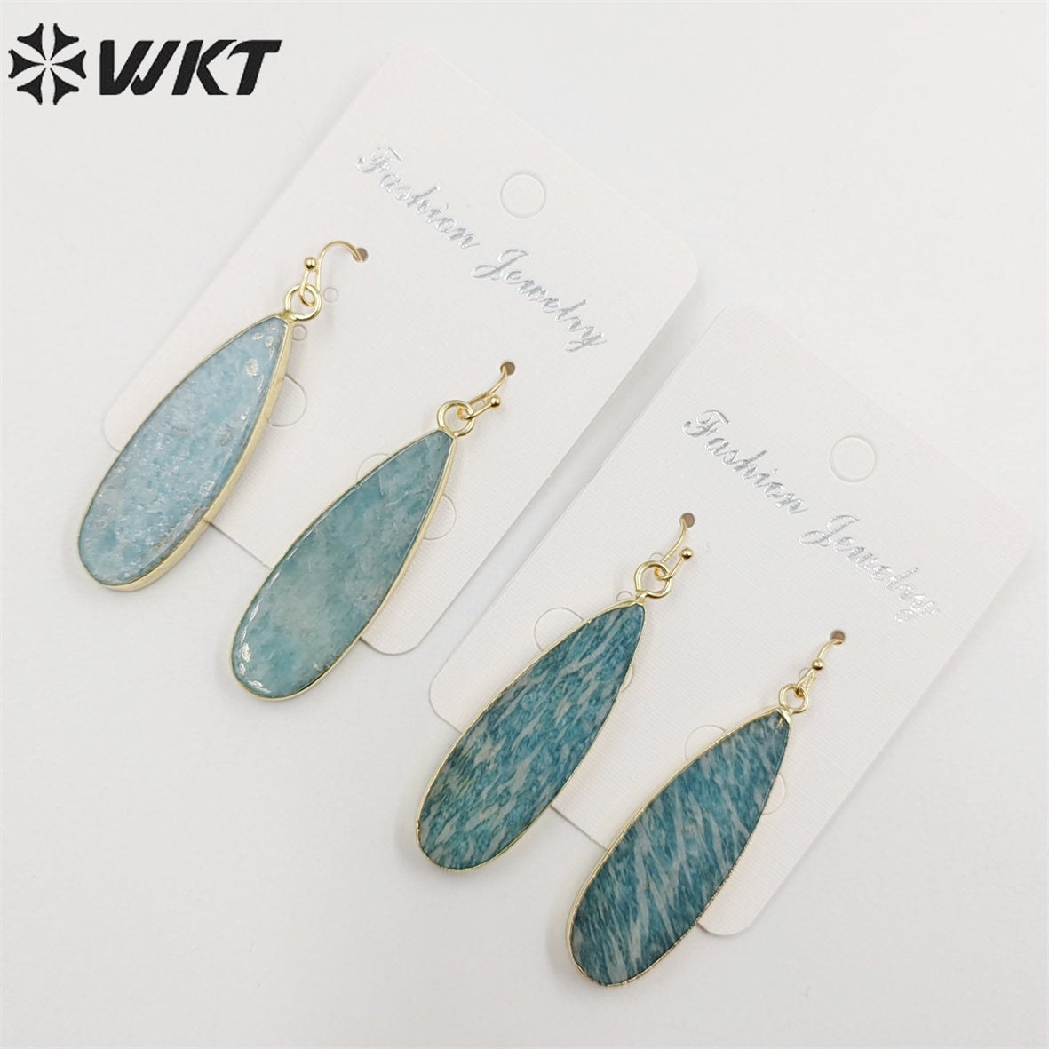 WT-E196 Newest Long Fashion Amazonite Teardrop Earrings, Fashion Gold Plated Stone Teardrop Earrings