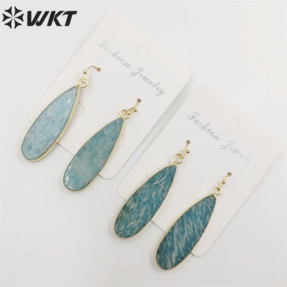 WT-E196 Newest Long Fashion Amazonite Teardrop Earrings, Fashion Gold Plated Stone Teardrop Earrings