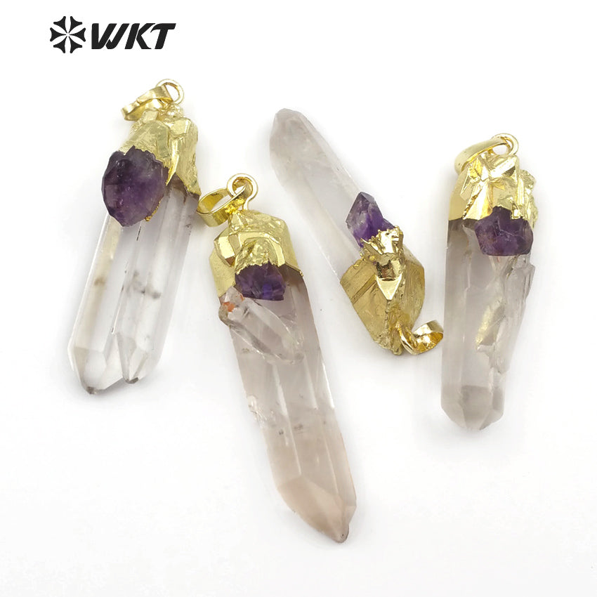 WT-P1436 Necklace Bohemia Gift for Female With Golden Healing Raw Crystal Quartz With Amethysts Charm Crystal Pendant