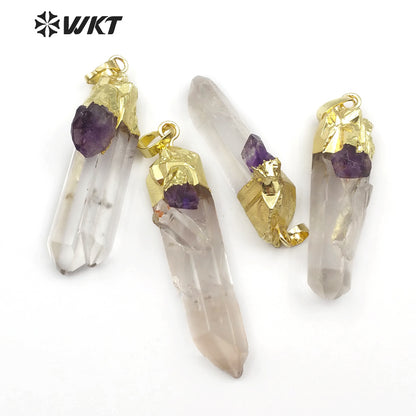WT-P1436 Necklace Bohemia Gift for Female With Golden Healing Raw Crystal Quartz With Amethysts Charm Crystal Pendant