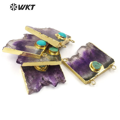 WT-P281 Fine Jewelry Natural Slice Amethyst Charm Pendants, Gold Electroplated Stone Pendants with Double Loops Turquoise