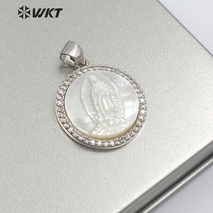 WT-MP112 Virgin Lady of Guadalupe Vogue Pendant Natural White Shell With Dainty Crave Round Shape Cubic Zircon Pave Pendant