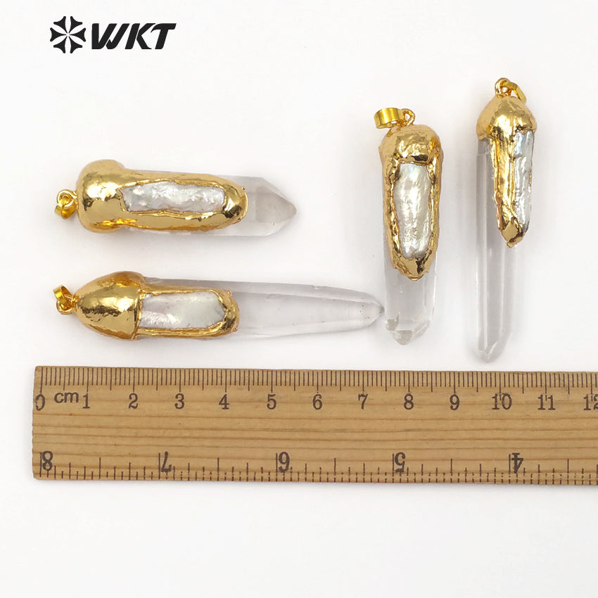 WT-P1429 Women Healing Crystal Jewelry Vogue Design Natural Crystal Quartz in Random Shape With Pearl Charm Gold Capped Pendant