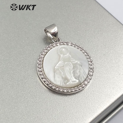 WT-MP113 Religious Blessed Virgin Mary Shell Medal Round Shape Charm Pendant Cubic Zircon Shell Guadalupe Pendant