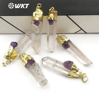 WT-P1436 Necklace Bohemia Gift for Female With Golden Healing Raw Crystal Quartz With Amethysts Charm Crystal Pendant