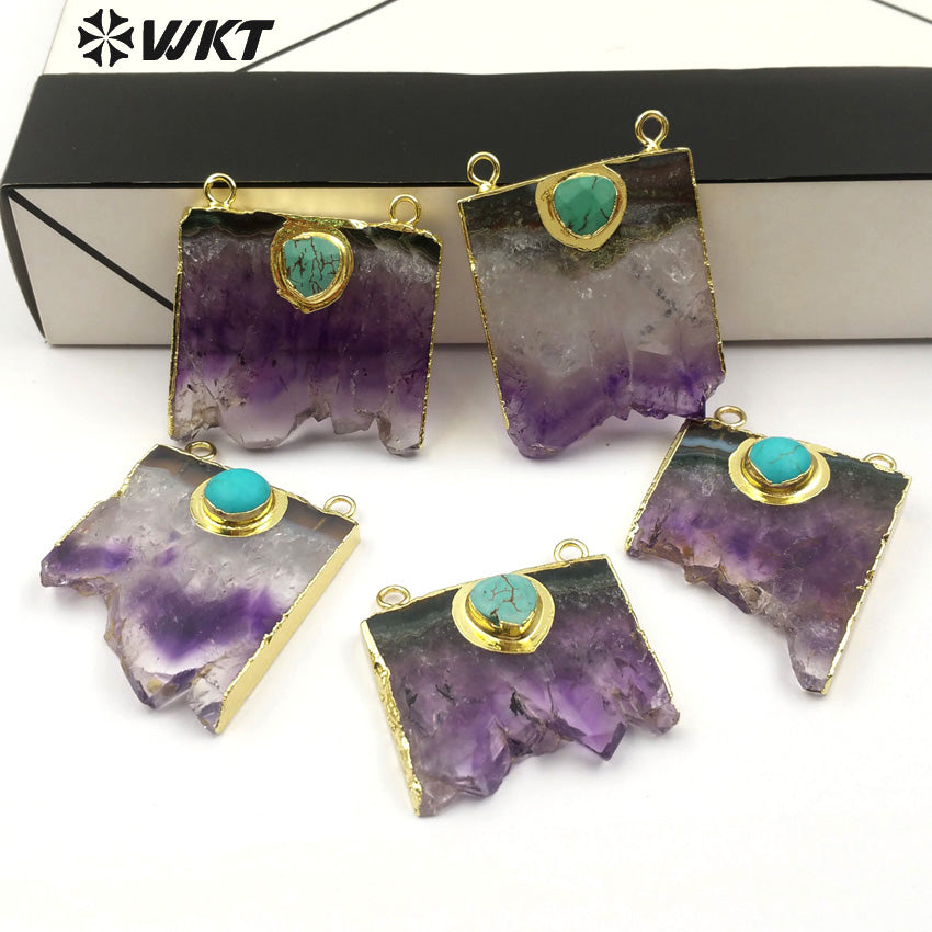 WT-P281 Fine Jewelry Natural Slice Amethyst Charm Pendants, Gold Electroplated Stone Pendants with Double Loops Turquoise