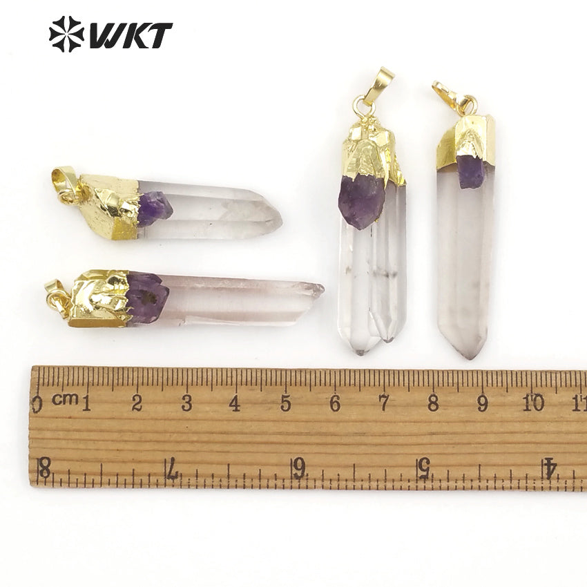 WT-P1436 Necklace Bohemia Gift for Female With Golden Healing Raw Crystal Quartz With Amethysts Charm Crystal Pendant