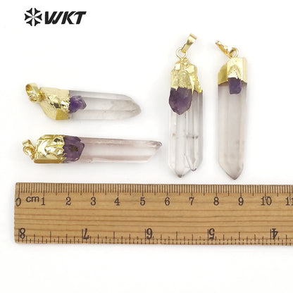 WT-P1436 Necklace Bohemia Gift for Female With Golden Healing Raw Crystal Quartz With Amethysts Charm Crystal Pendant