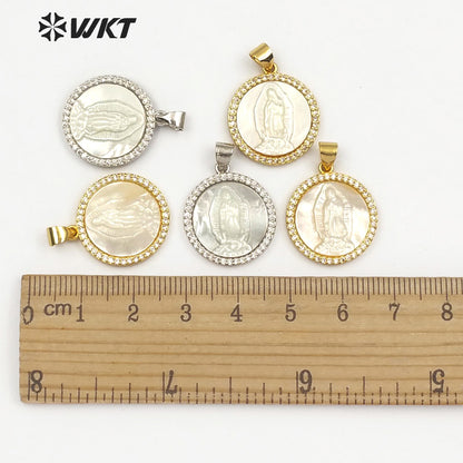 WT-MP112 Virgin Lady of Guadalupe Vogue Pendant Natural White Shell With Dainty Crave Round Shape Cubic Zircon Pave Pendant
