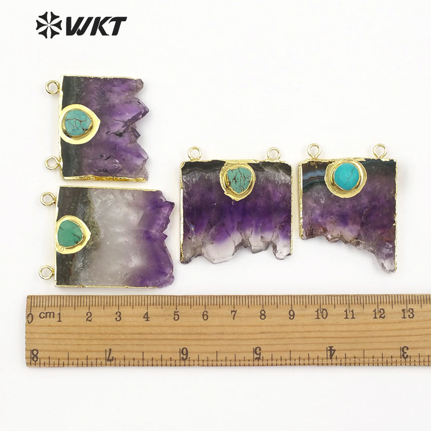 WT-P281 Fine Jewelry Natural Slice Amethyst Charm Pendants, Gold Electroplated Stone Pendants with Double Loops Turquoise