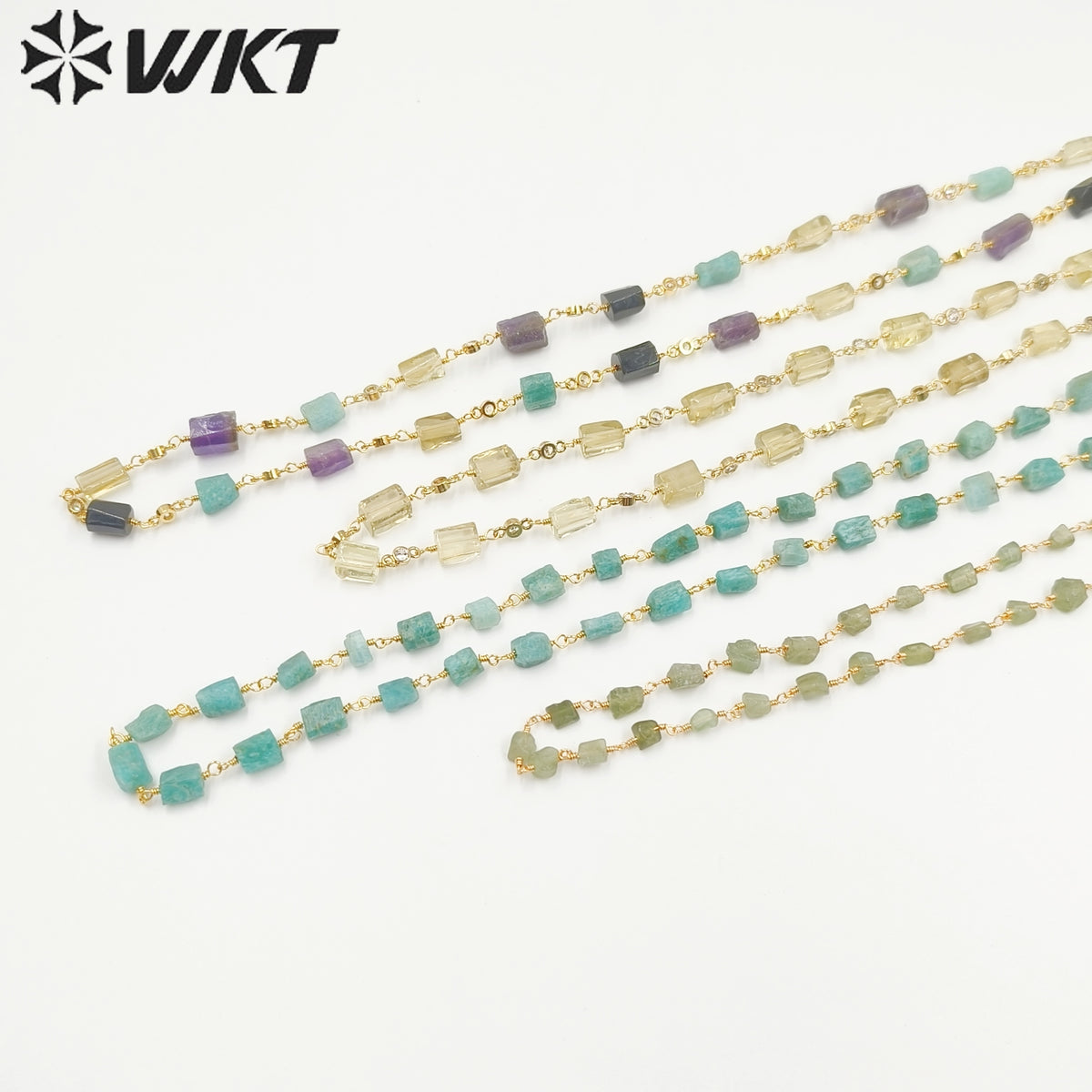 WT-N1433 Handmade Natural Stone Beads Chain 18k Yellow Gold Beads Necklace Gemstone Statement Necklace