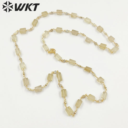 WT-N1433 Handmade Natural Stone Beads Chain 18k Yellow Gold Beads Necklace Gemstone Statement Necklace