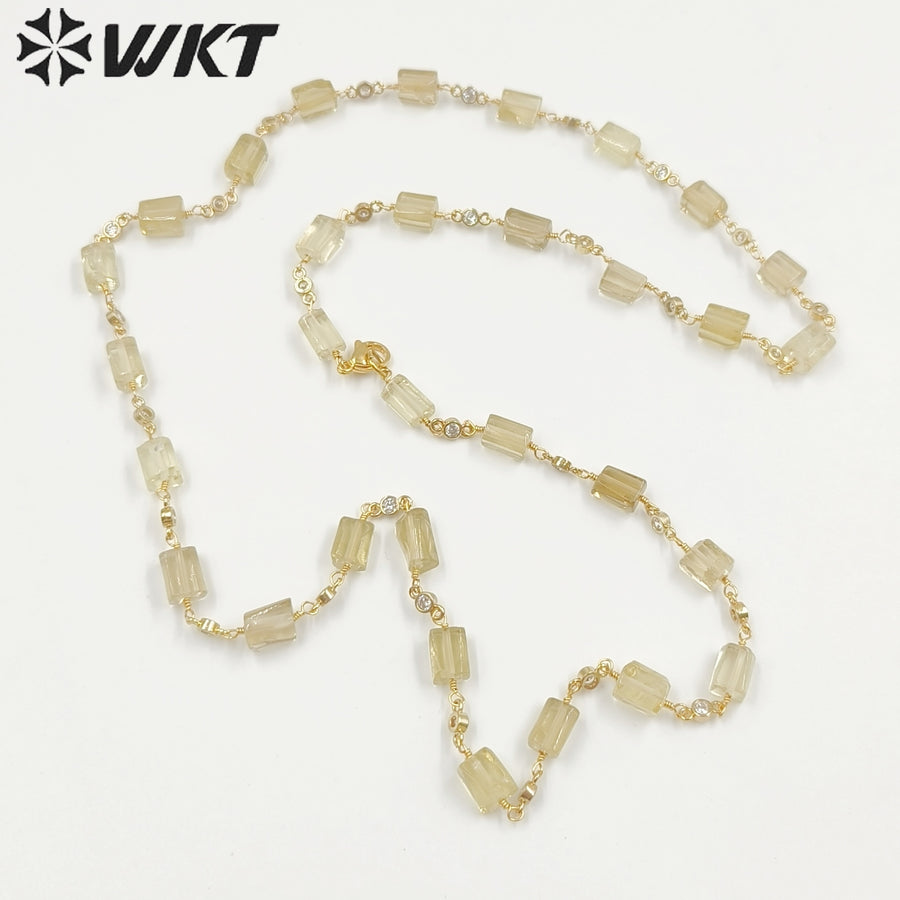 WT-N1433 Handmade Natural Stone Beads Chain 18k Yellow Gold Beads Necklace Gemstone Statement Necklace