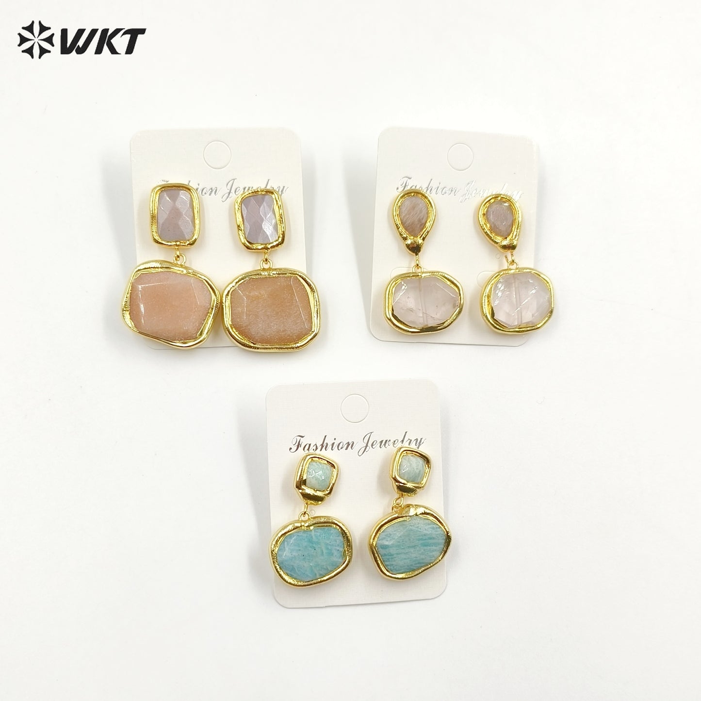 WT-E742 Newest Women Precious Natural Faceted Sun Stone Made in 18K Real Gold Plated Europe Populared Rose Quartz Earrings