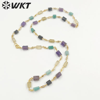 WT-N1433 Handmade Natural Stone Beads Chain 18k Yellow Gold Beads Necklace Gemstone Statement Necklace