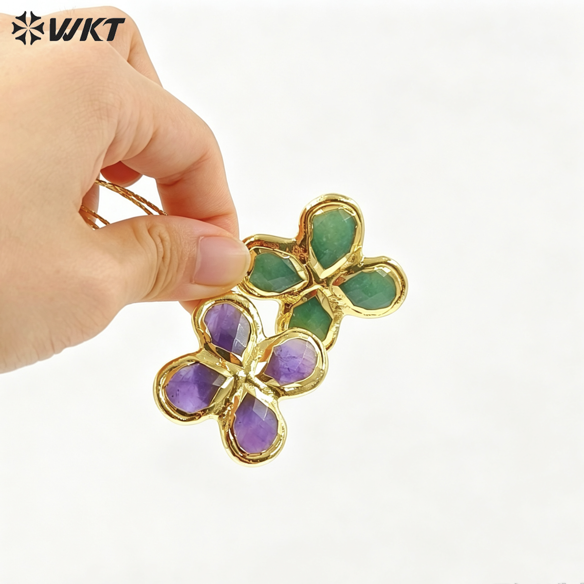 WT-N1542 Popular Fashion Gold Plated Thin Chain With Natural Gemstone Four Leaf Clover Pendant Necklace For Lady Birthday Gift