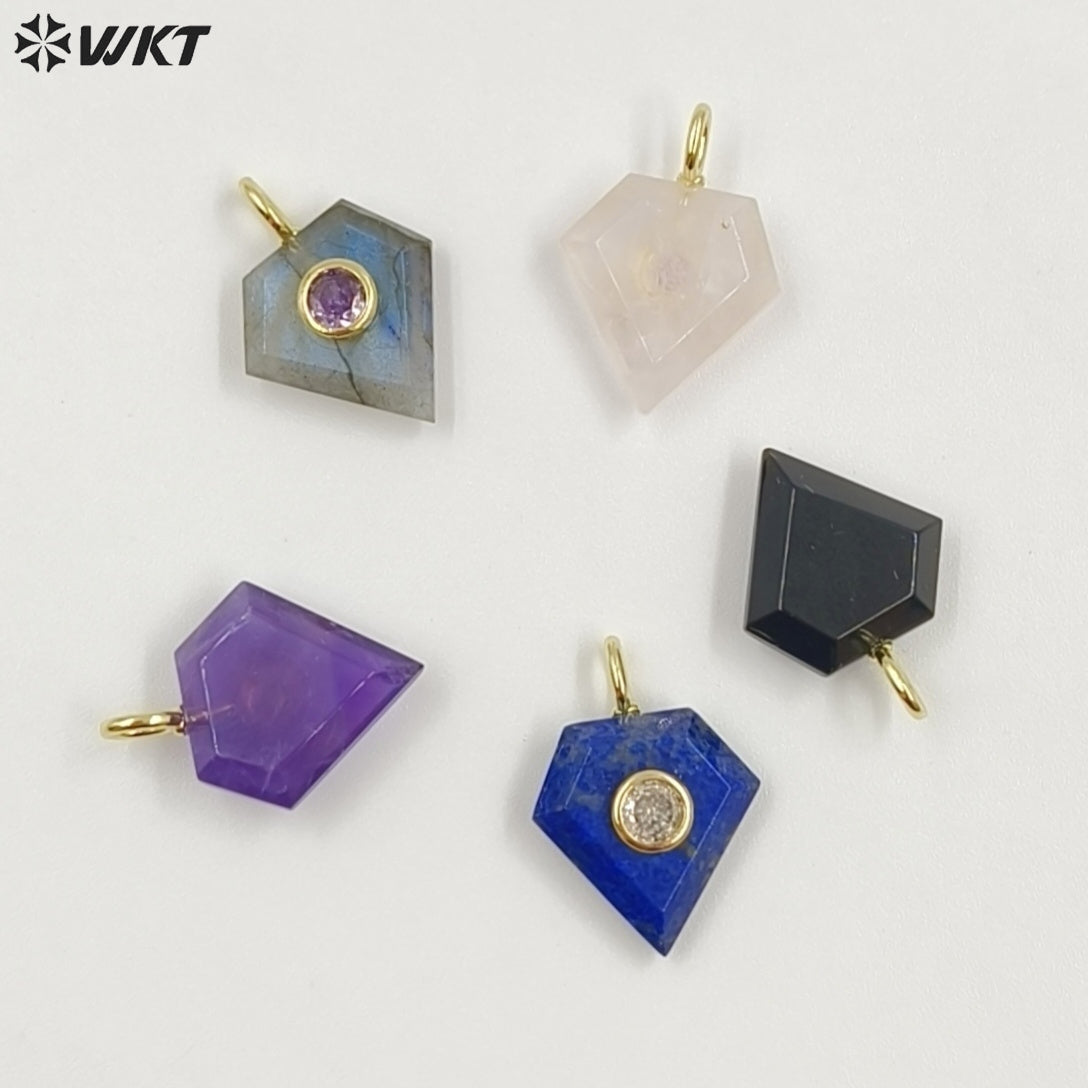 WT-P2052 New Arrival Zircon Gold Plated Rose Quartz Natural Gemstones Diamond Shape Charms Pendants For Handmade Gift Accessory