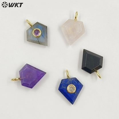 WT-P2052 New Arrival Zircon Gold Plated Rose Quartz Natural Gemstones Diamond Shape Charms Pendants For Handmade Gift Accessory
